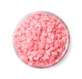 Photo of Sweet candy hearts in bowl on white background, top view