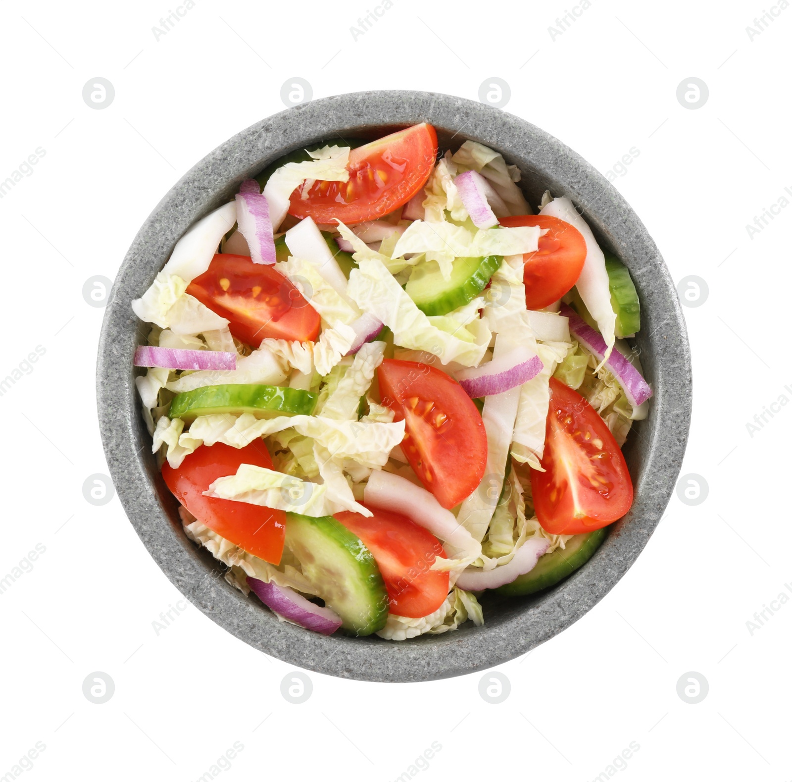 Photo of Tasty salad with Chinese cabbage, tomato and cucumber in bowl isolated on white, top view