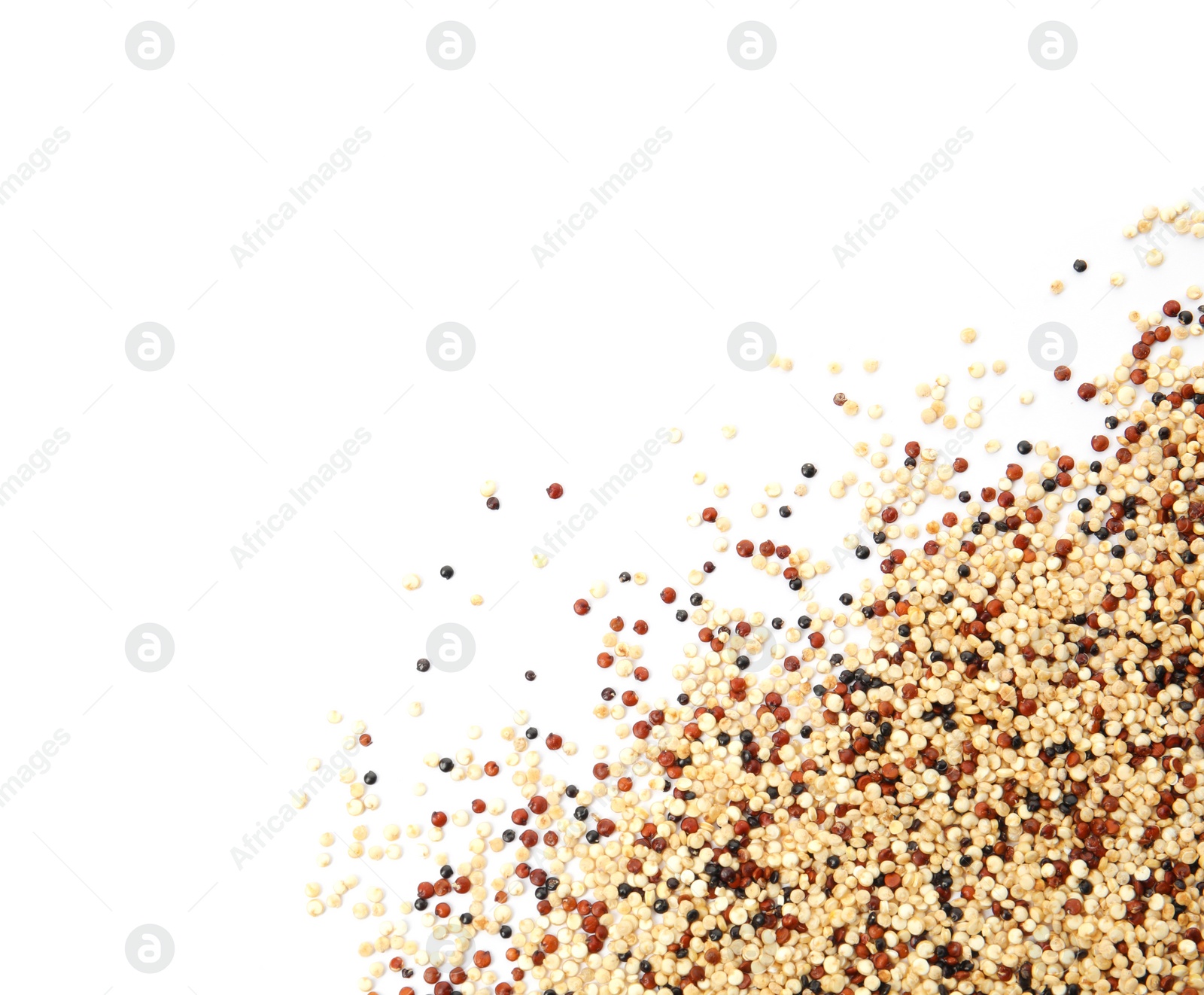 Photo of Mixed quinoa seeds and space for text on white background, top view