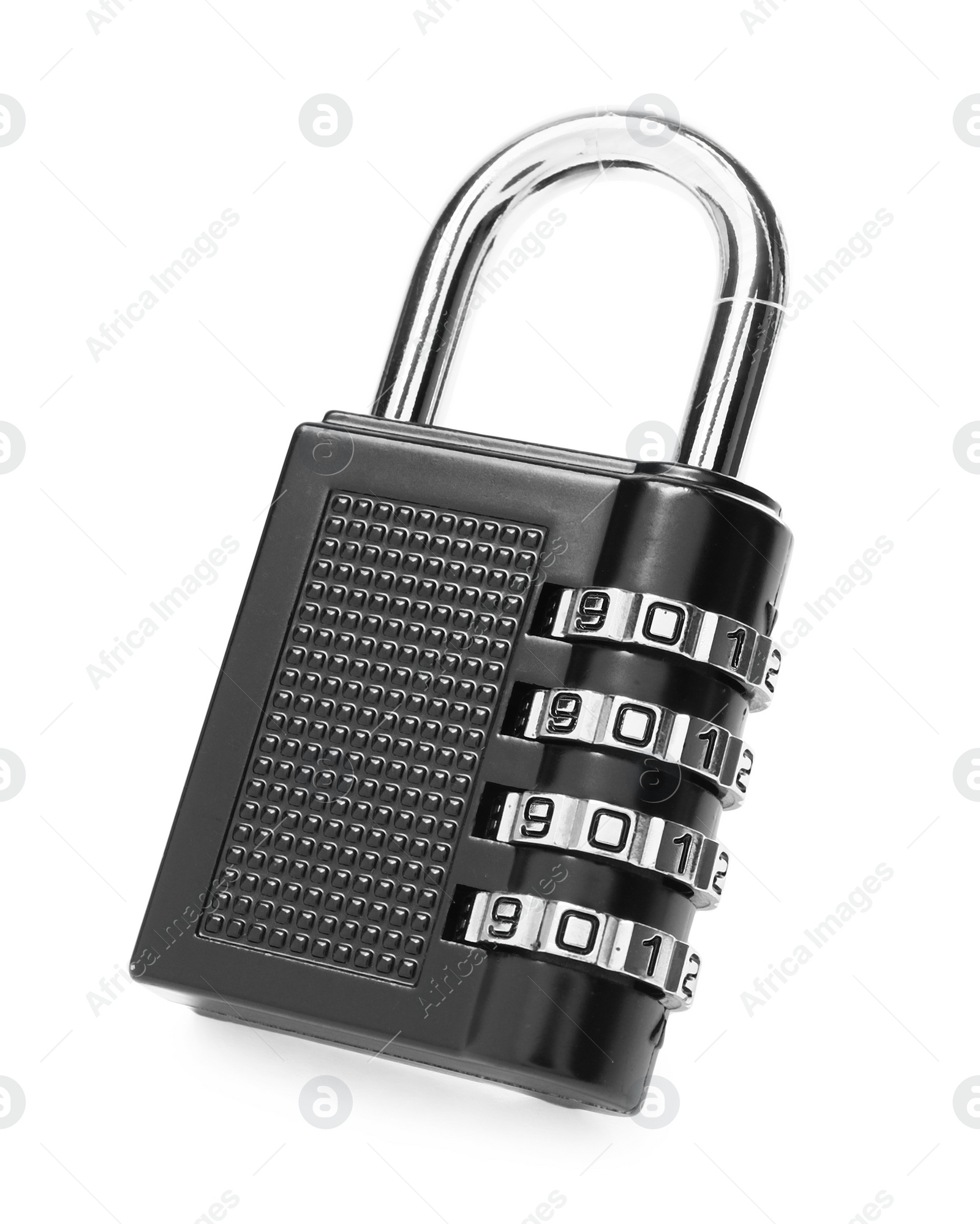 Photo of Locked steel combination padlock isolated on white