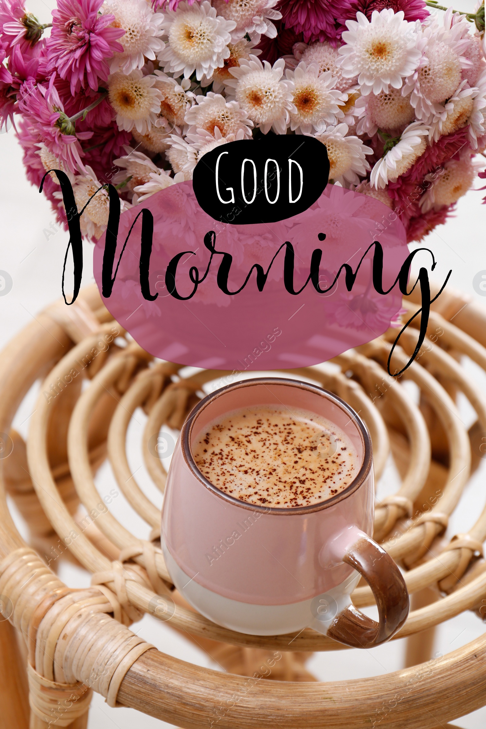 Image of Good morning! Cup of fresh coffee and beautiful bouquet on wooden stand