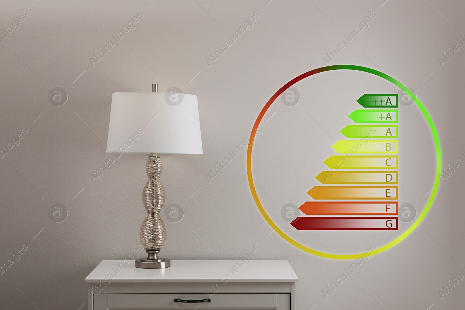 Image of Energy efficiency rating label and lamp on bedside table near grey wall indoors