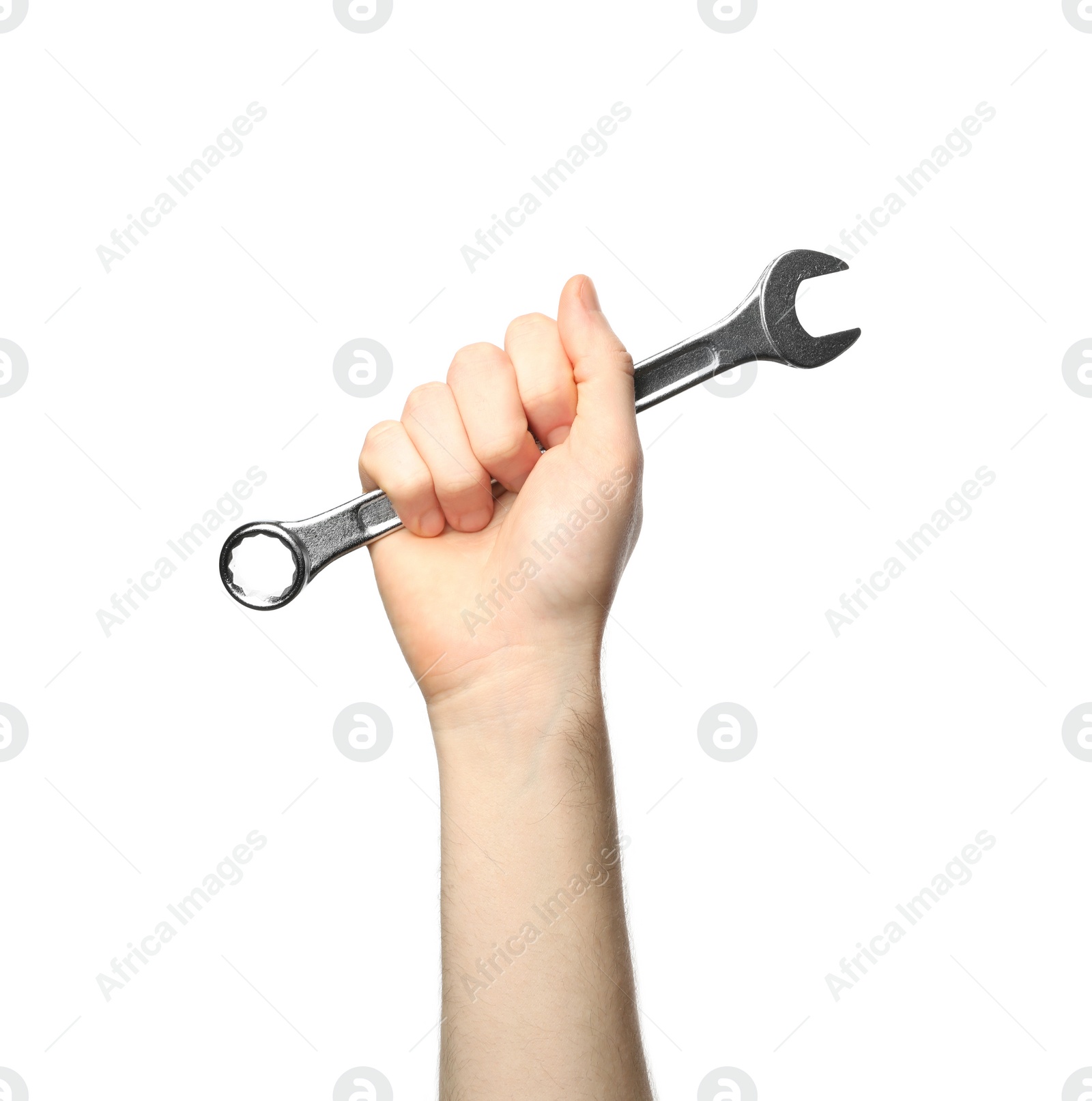 Photo of Man holding wrench isolated on white, closeup