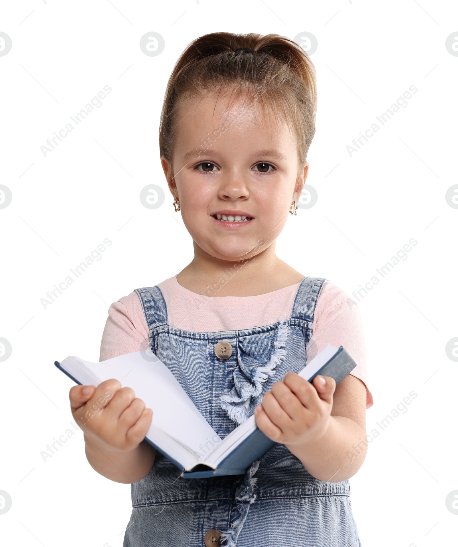 Photo of Cute little girl with book on white background