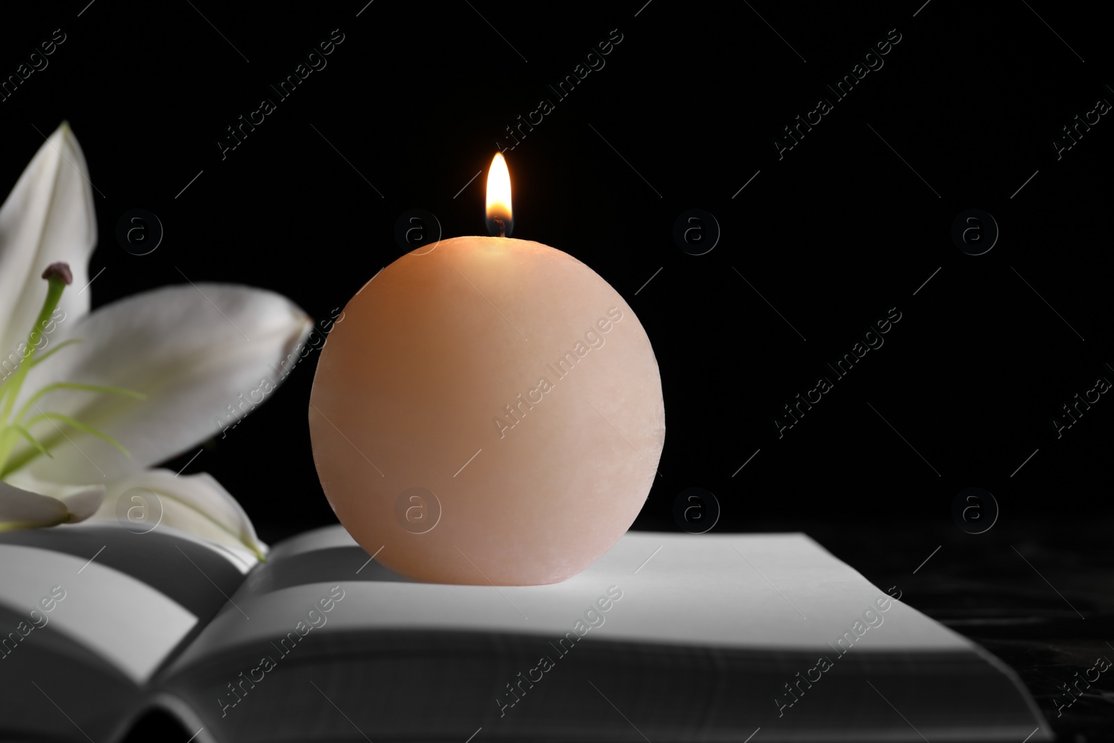 Photo of Burning candle and white lily on book in darkness, space for text. Funeral symbol