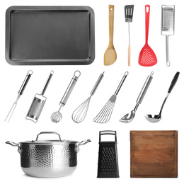 Image of Set with different cooking utensils on white background