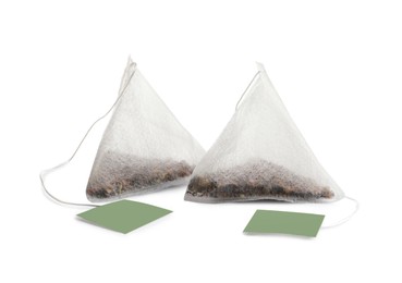 New pyramid tea bags on white background