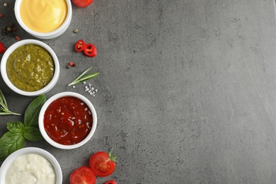 Photo of Bowls with different sauces and ingredients on gray background, flat lay. Space for text