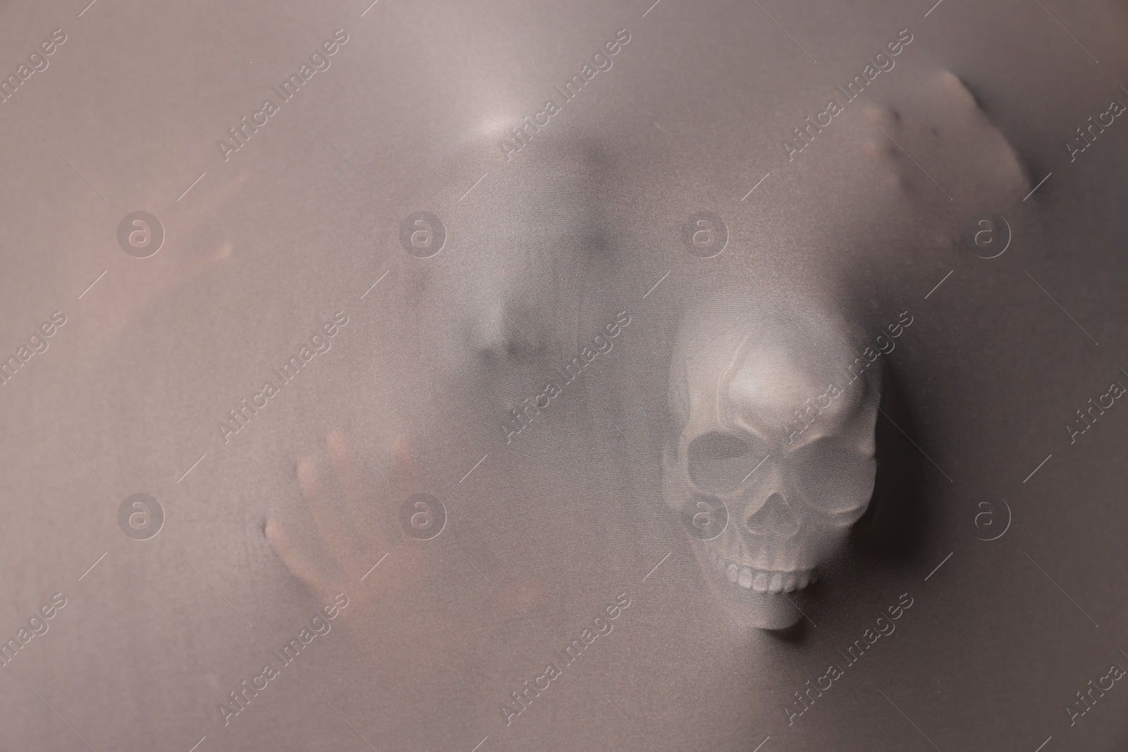 Photo of Silhouette of creepy ghost with skulls behind grey cloth