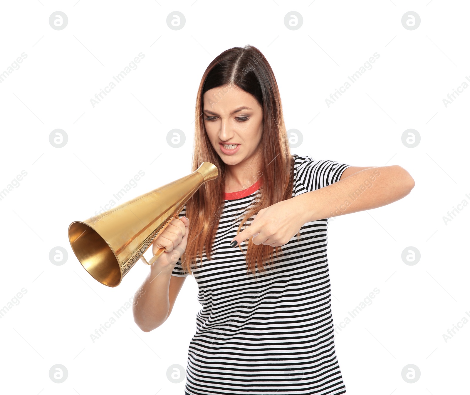 Photo of Emotional young woman with megaphone on white background