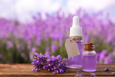 Photo of Bottles of natural essential oil and lavender flowers on wooden table. Space for text
