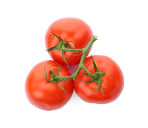 Photo of Branch of ripe red tomatoes on white background, top view