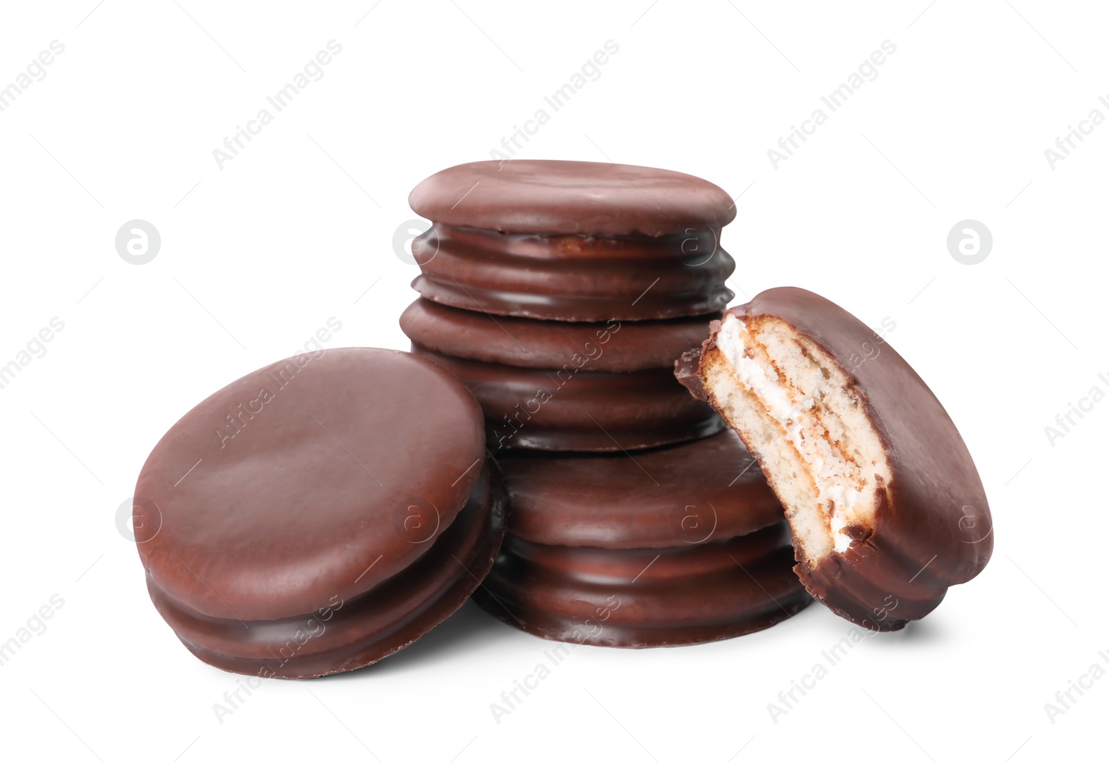 Photo of Delicious choco pies on white background. Classic snack cakes