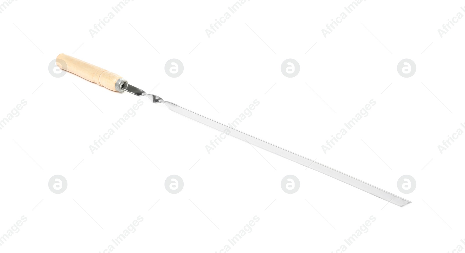 Photo of Metal skewer with wooden handle isolated on white