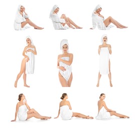 Collage with photos of beautiful women with soft towels on white background