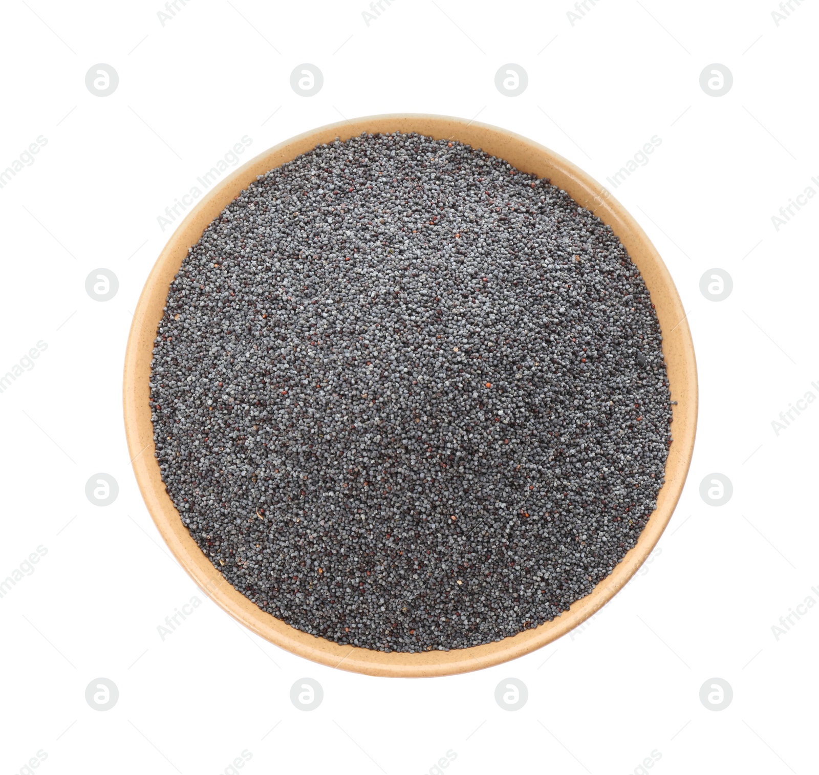 Photo of Poppy seeds in ceramic bowl isolated on white, top view