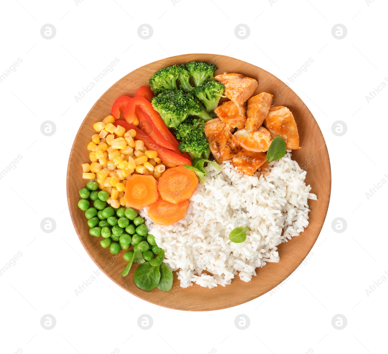 Photo of Plate with tasty rice, vegetables and meat on white background, top view