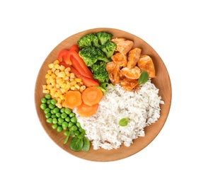 Plate with tasty rice, vegetables and meat on white background, top view