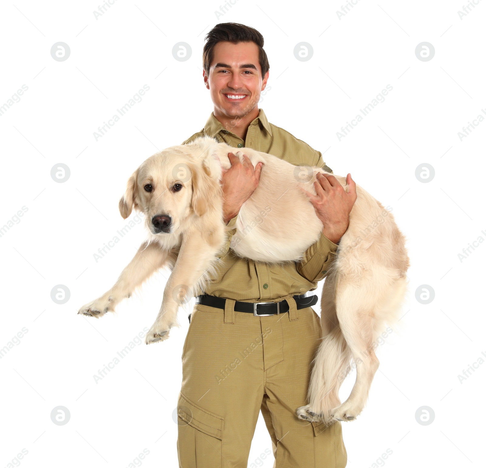 Photo of Male security guard in uniform with police dog on white background