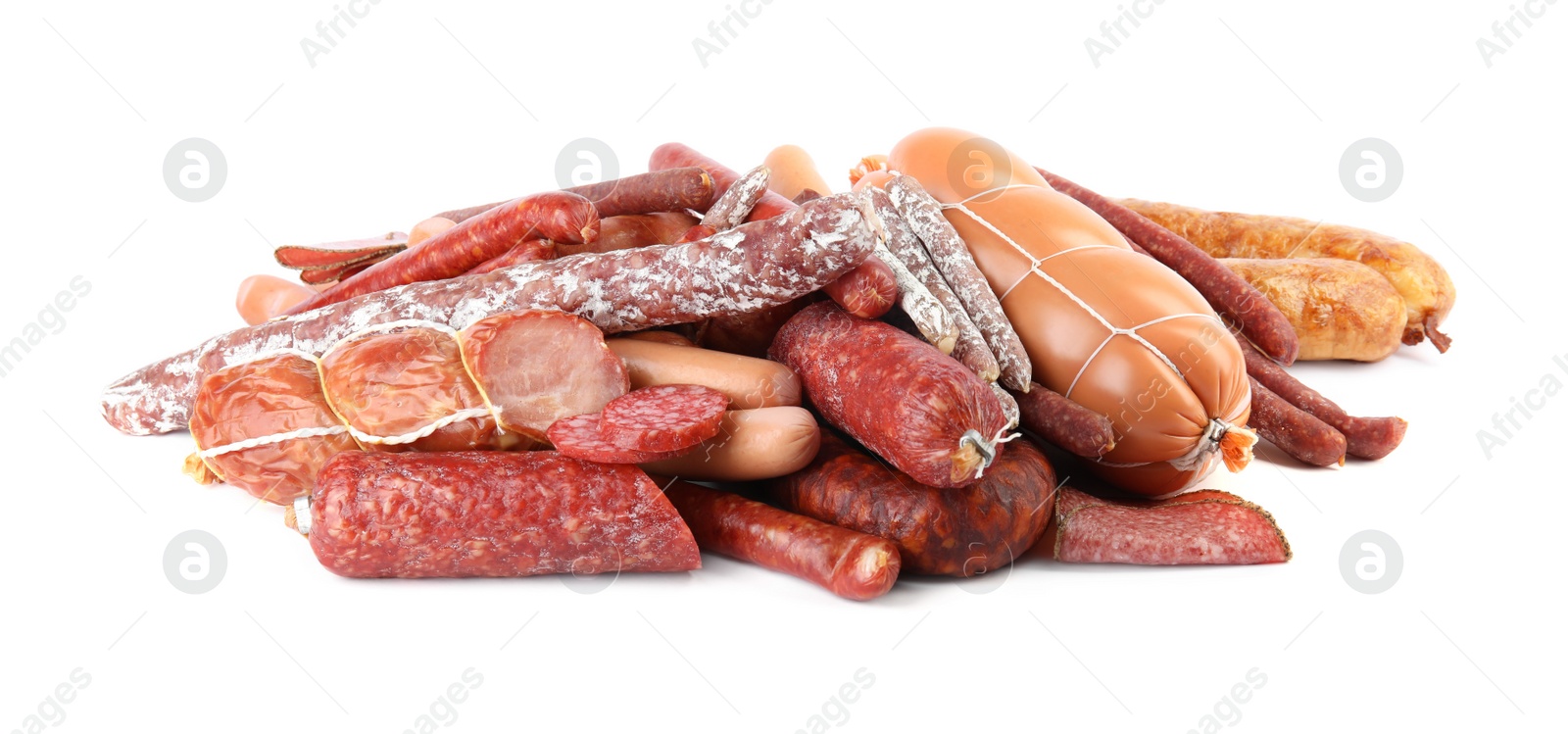 Photo of Different tasty sausages on white background. Meat product