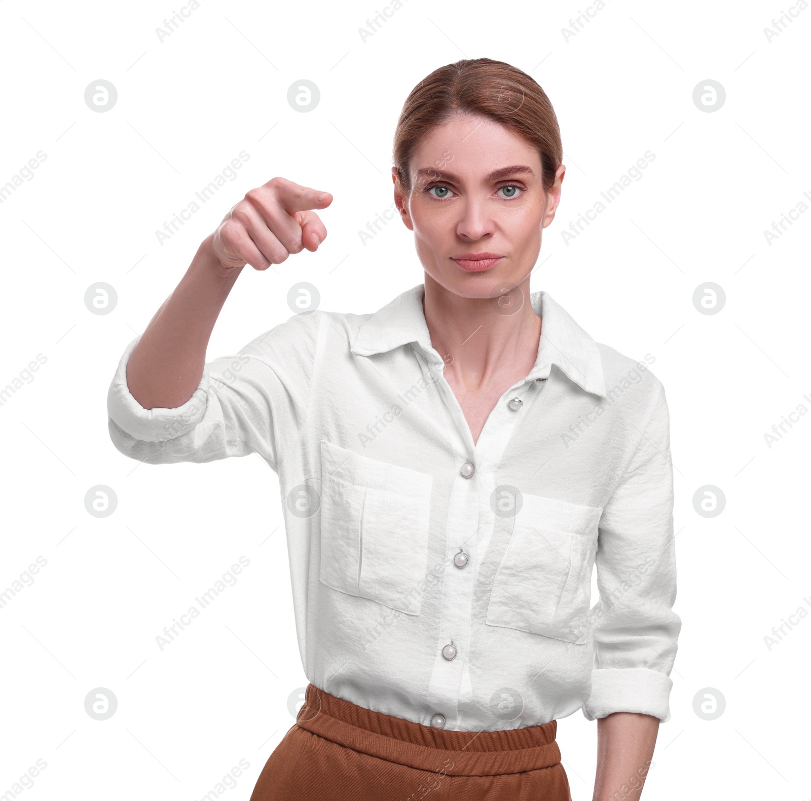 Photo of Beautiful business woman pointing on white background