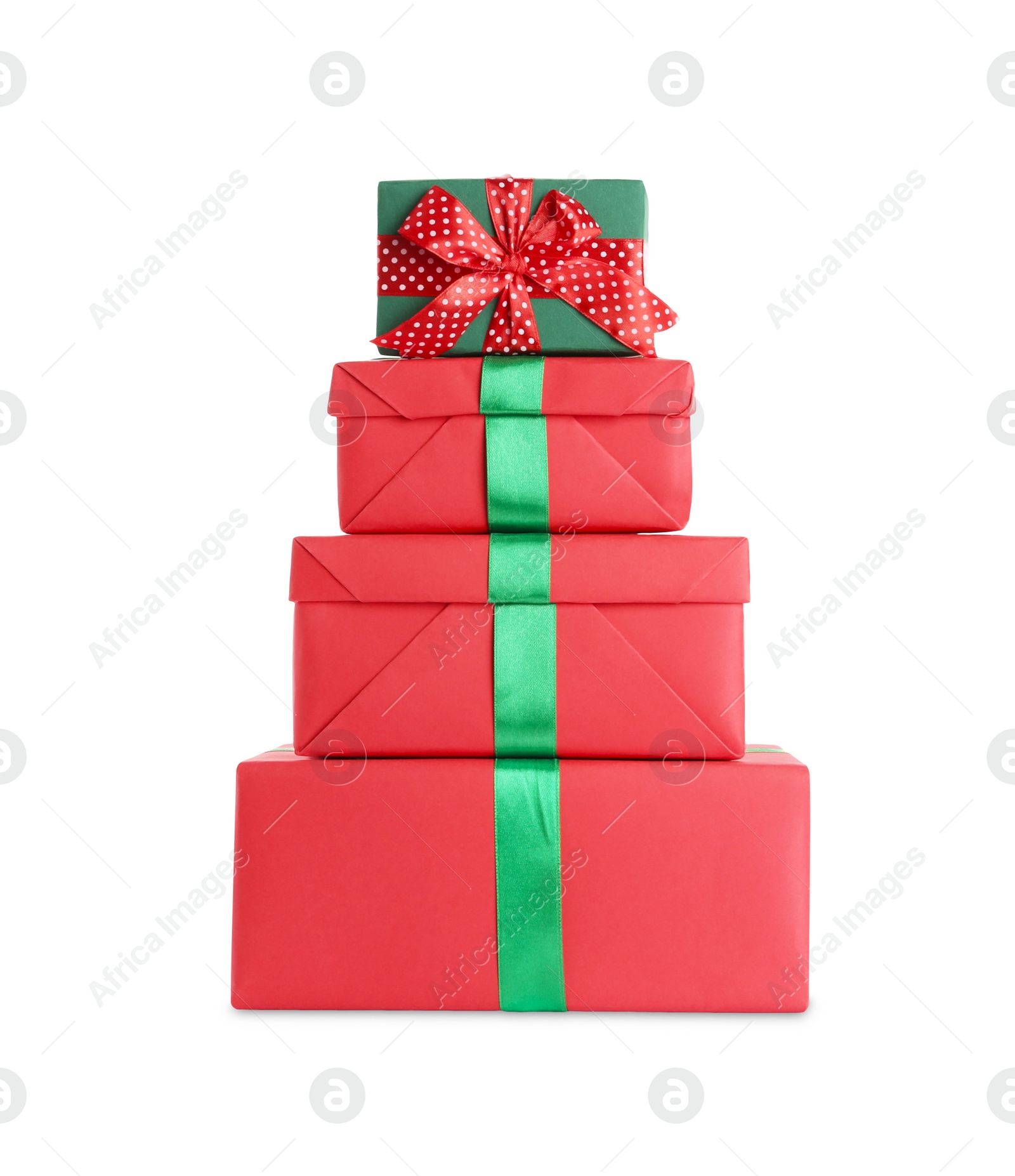 Photo of Different Christmas gift boxes on white background