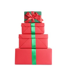 Photo of Different Christmas gift boxes on white background