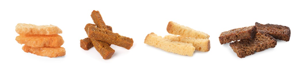 Image of Set with different delicious crispy rusks on white background. Banner design