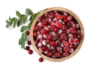 Photo of Frozen red cranberries in bowl and green leaves isolated on white, top view