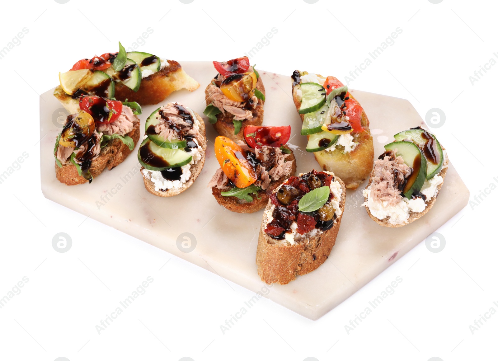 Photo of Delicious bruschettas with balsamic vinegar and different toppings isolated on white, above view