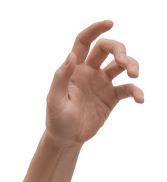 Photo of Man holding something in hand on white background, closeup