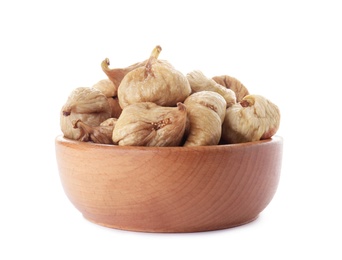 Photo of Bowl with figs on white background. Dried fruit as healthy food