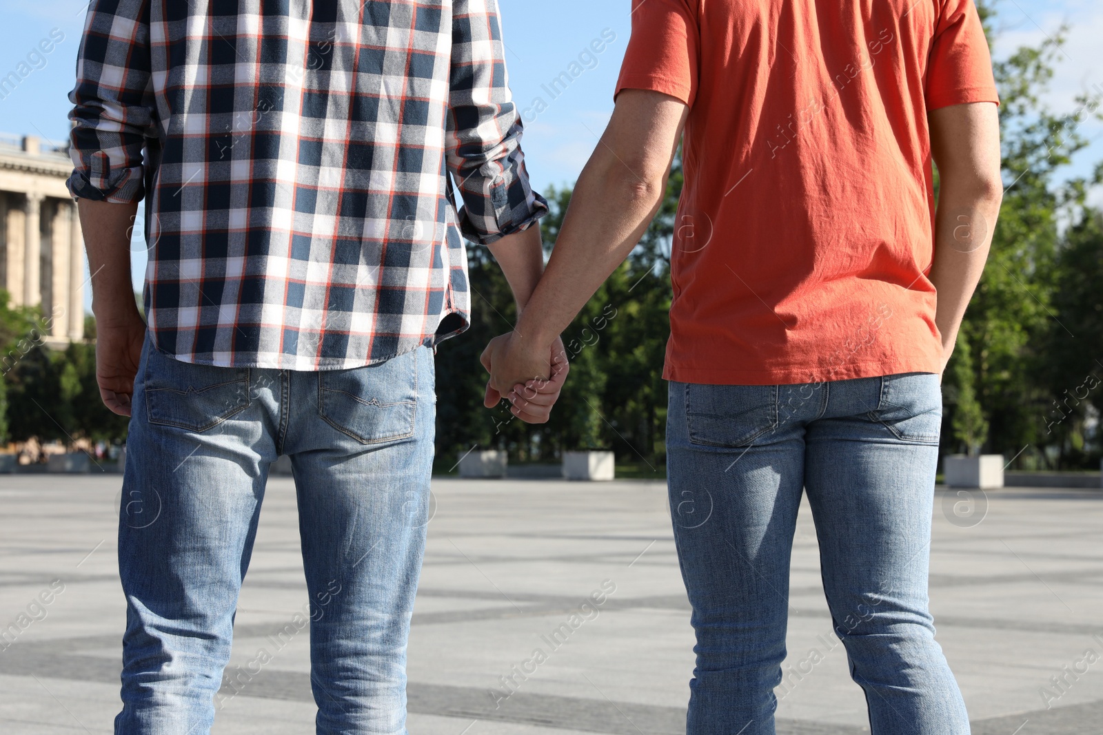 Photo of Gay couple walking outdoors on sunny day, back view