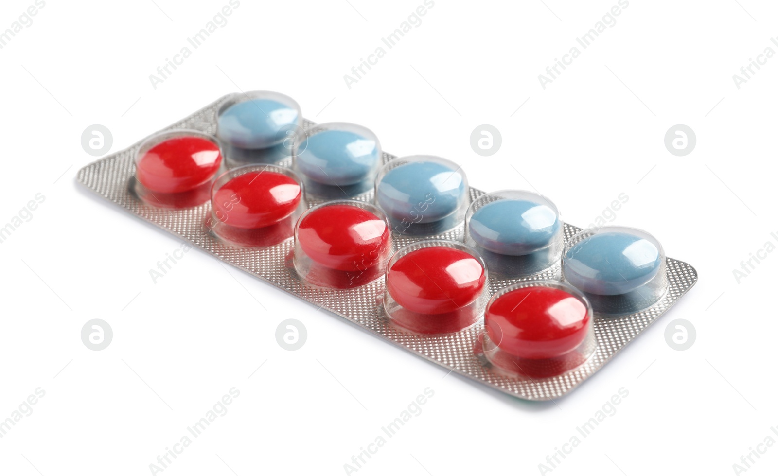 Photo of Blister with bright pills isolated on white