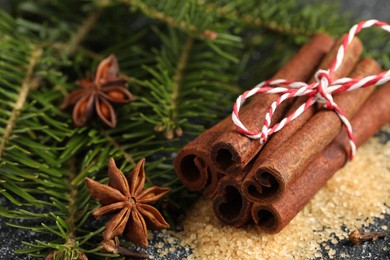 Photo of Different aromatic spices and fir branches on table, closeup