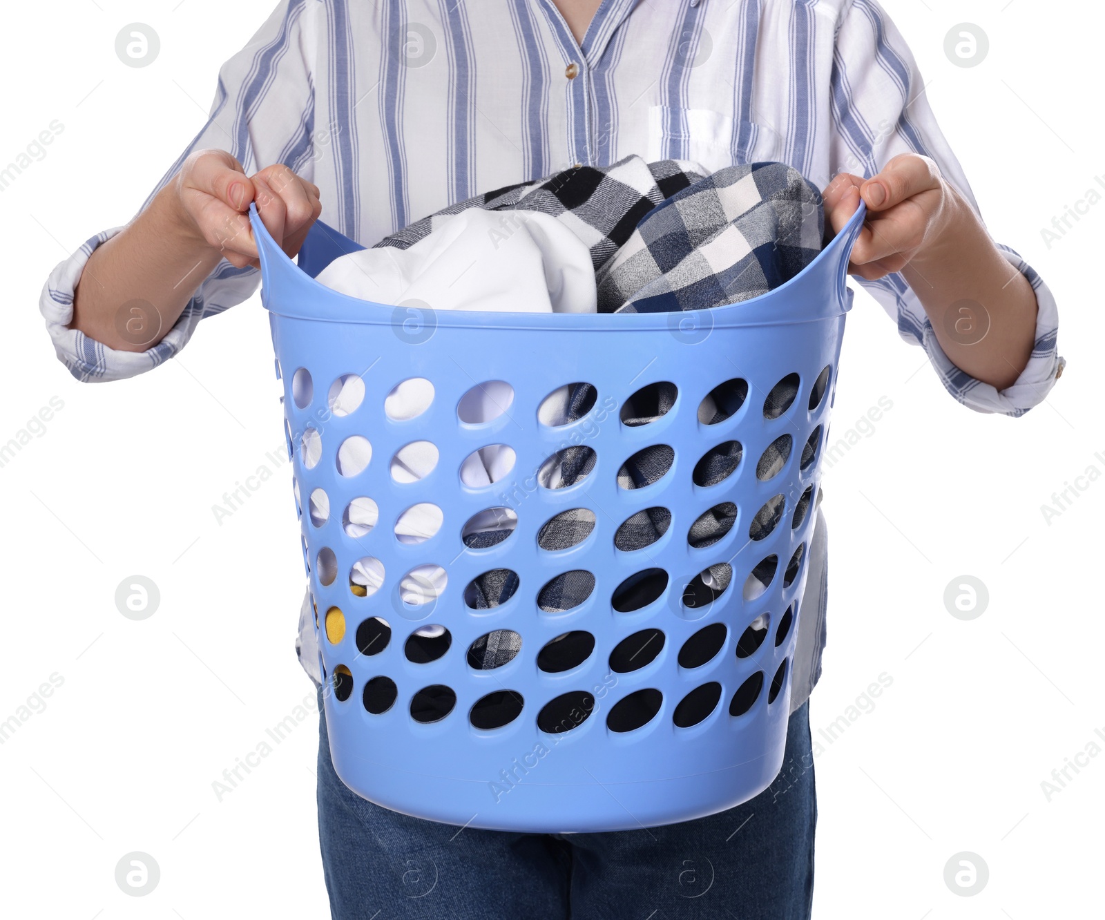 Photo of Woman with basket full of clean laundry on white background, closeup