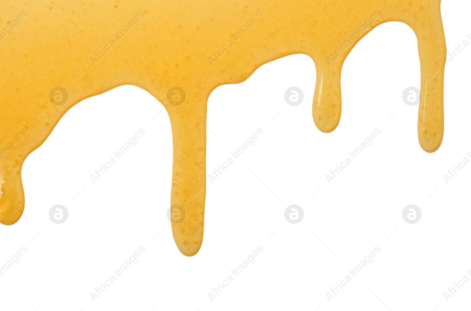 Photo of Tasty natural honey drips isolated on white, top view