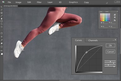 Image of Professional photo editor application.  woman in stylish sportswear jumping on grey background, closeup