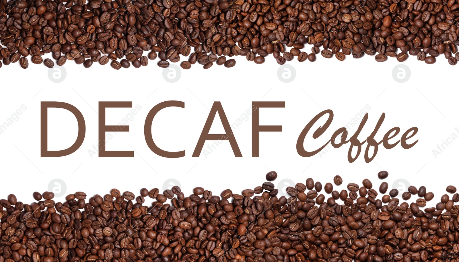 Image of Many decaf coffee beans on white background, top view. Banner design