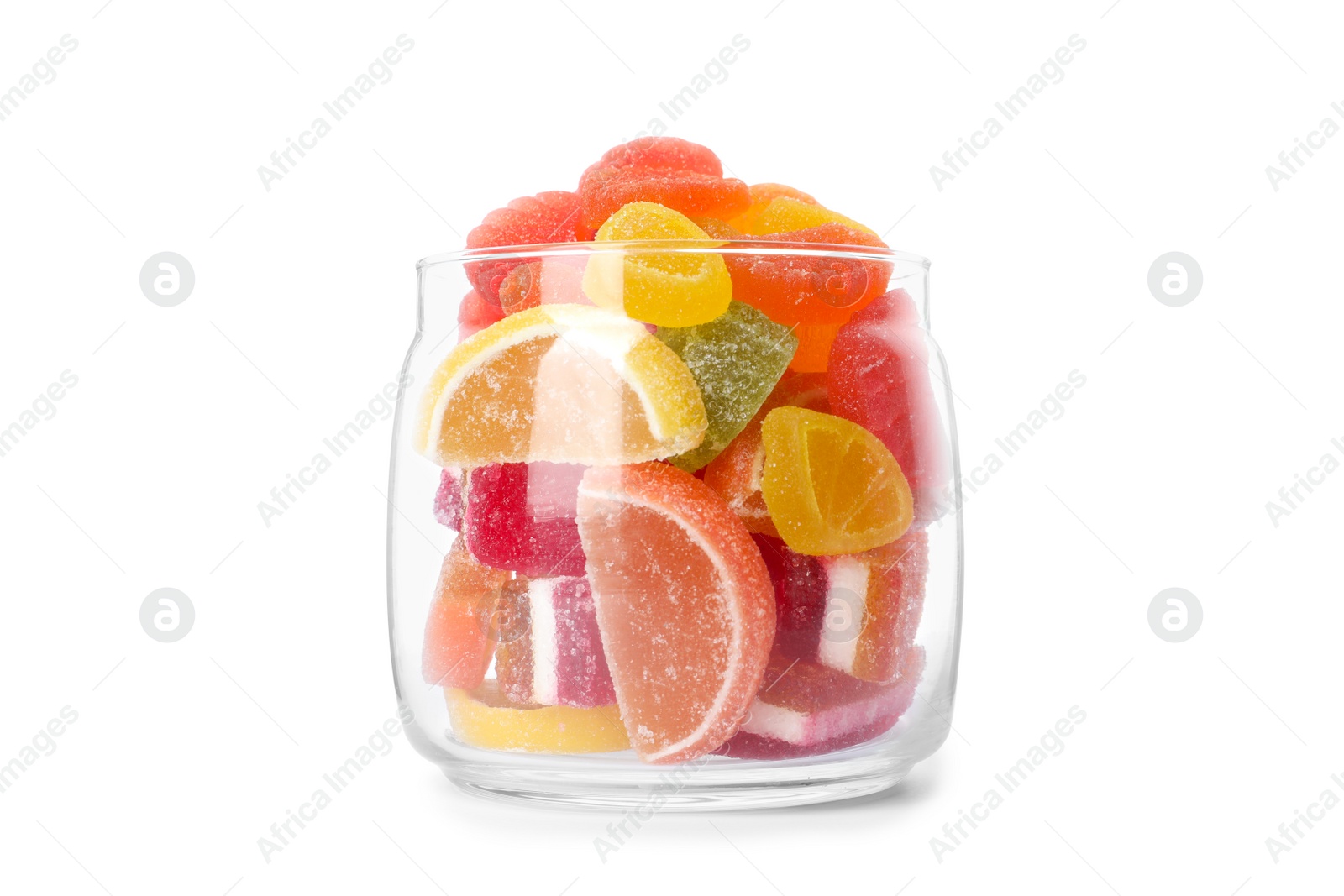 Photo of Delicious candies in glass jar isolated on white