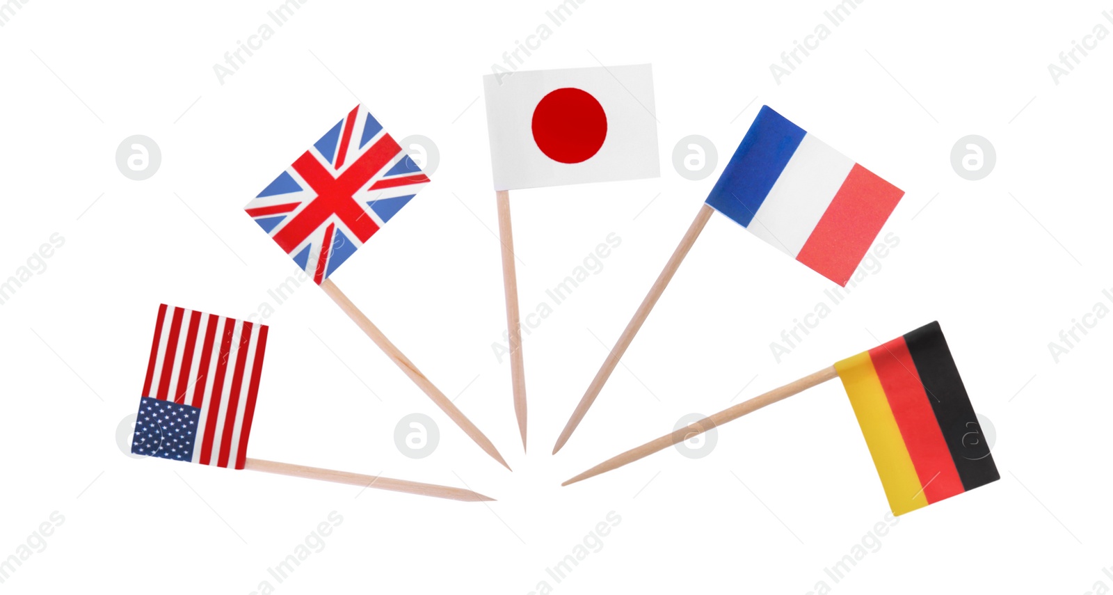 Image of Set of toothpicks with flags of different countries on white background