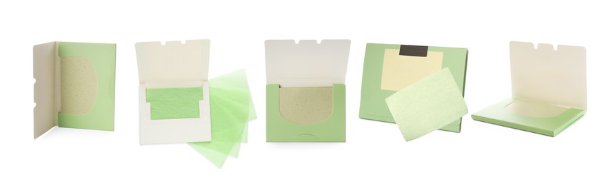 Image of Set with facial oil blotting tissues on white background, banner design. Mattifying wipes