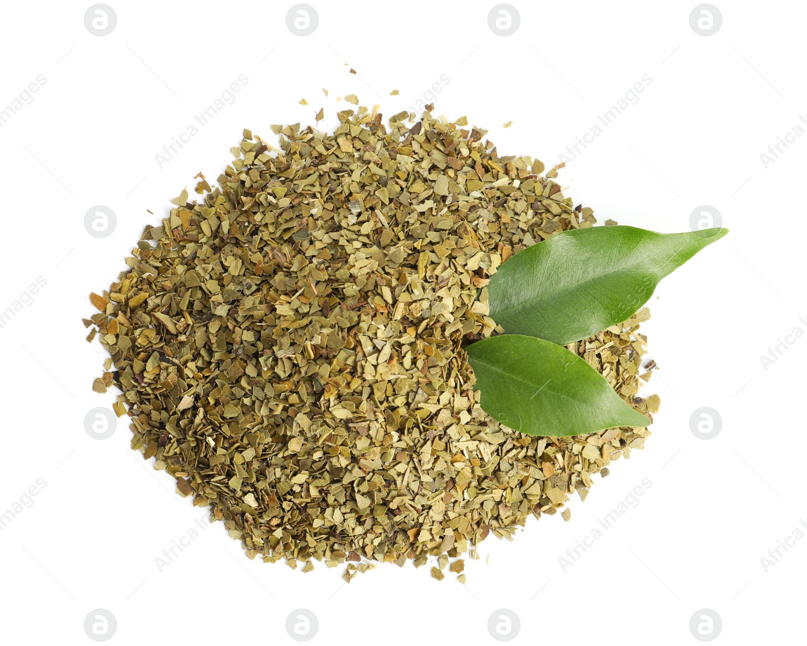 Photo of Pile of aromatic mate tea and fresh leaves on white background, top view