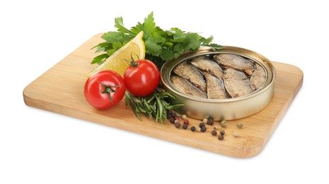 Photo of Board with canned sprats, herbs, peppercorns, tomatoes and slice of lemon isolated on white background