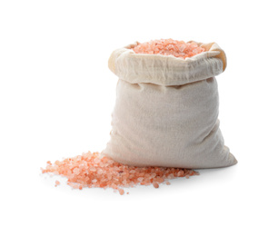 Photo of Sack of pink himalayan salt isolated on white