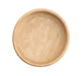 Photo of Wooden plate isolated on white, top view. Cooking utensil