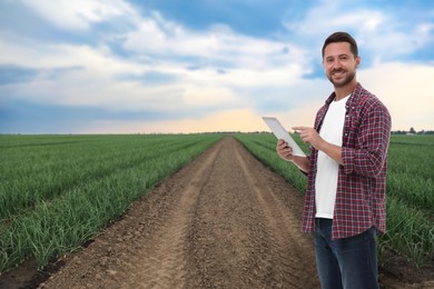 Farmer with tablet computer in field. Harvesting season