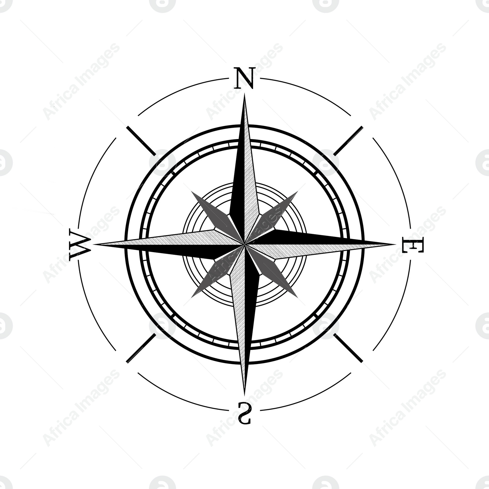 Illustration of Compass rose with four cardinal directions - North, East, South, West on white background. Illustration