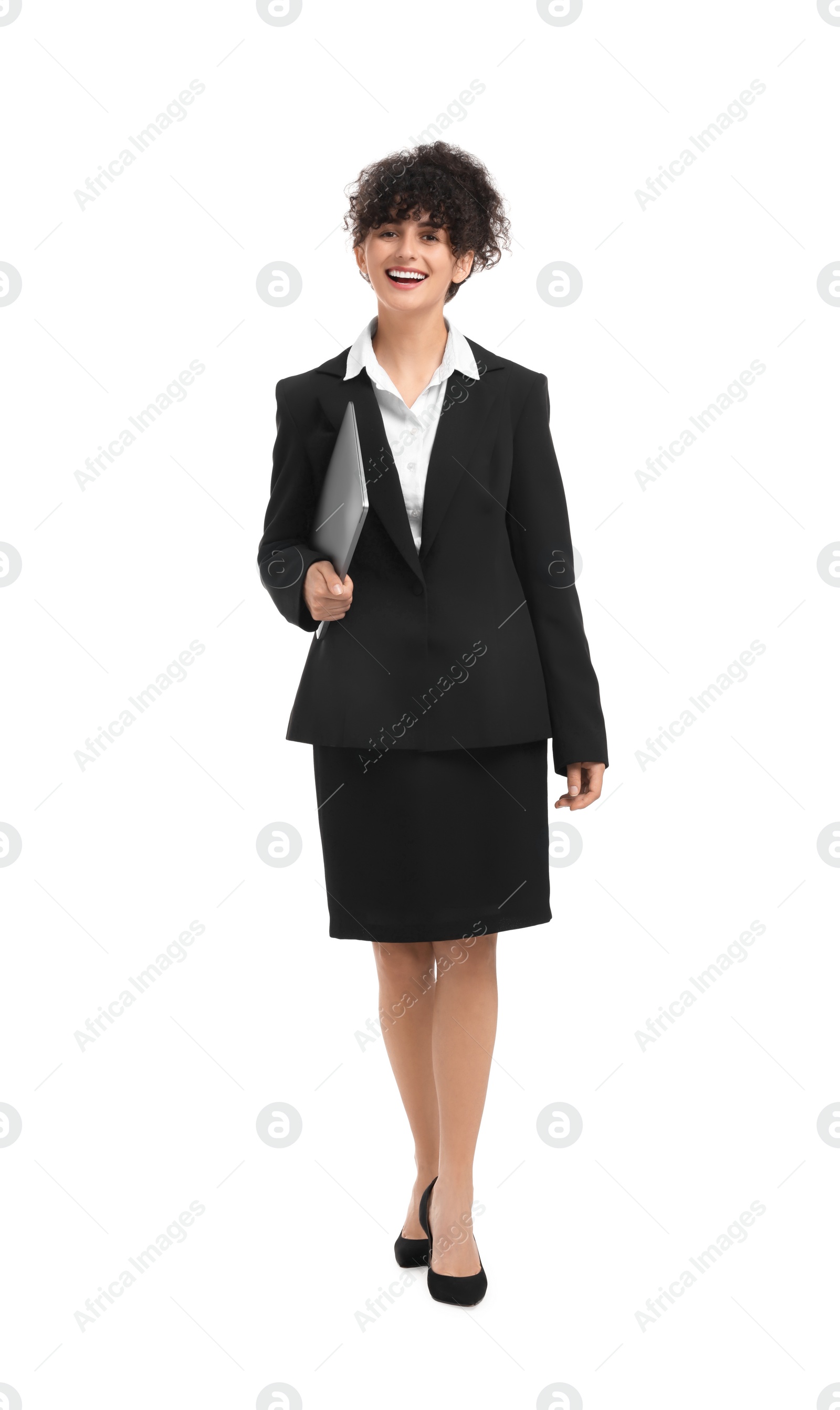 Photo of Beautiful happy businesswoman with laptop on white background