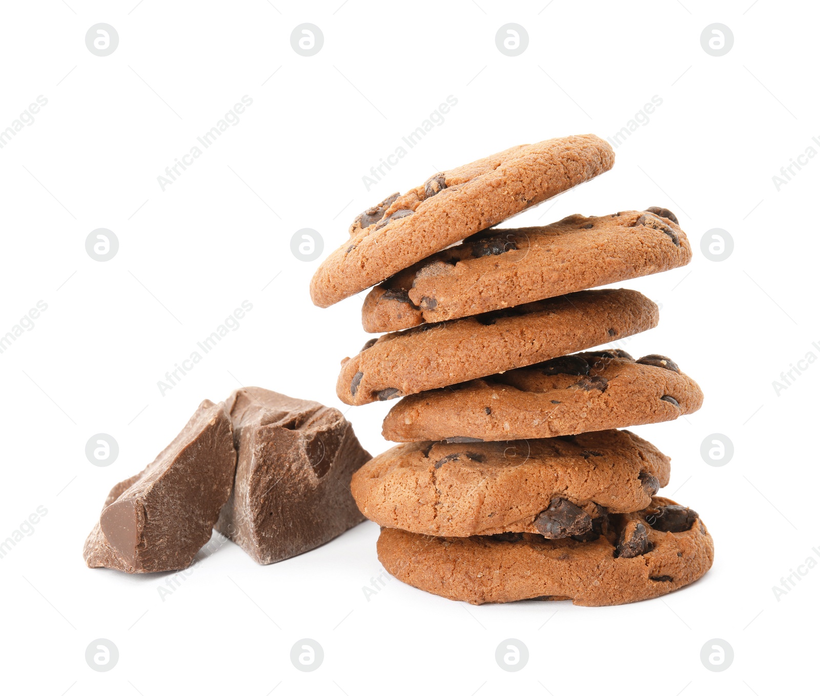 Photo of Stack of tasty chocolate chip cookies on white background